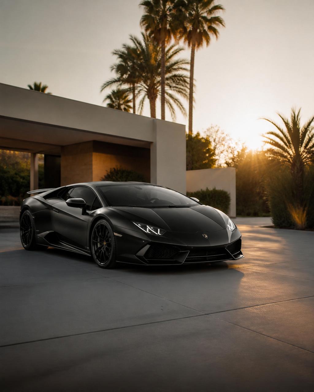 Matte black luxury sports car at a modern Southern California estate